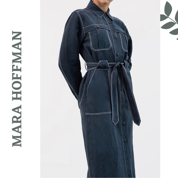 Mara Hoffman Navy Juno Midi Dress Button Front Tie Waist Size 2X - Picture 3 of 12